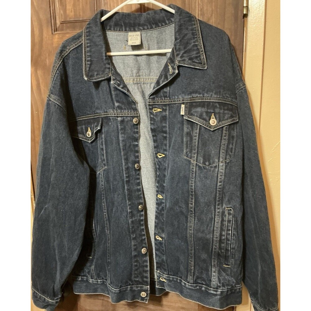 Vtg Delf USA Denim Trucker Jacket Mens 2XL Blue Jean Hip Hop Streetwear READ